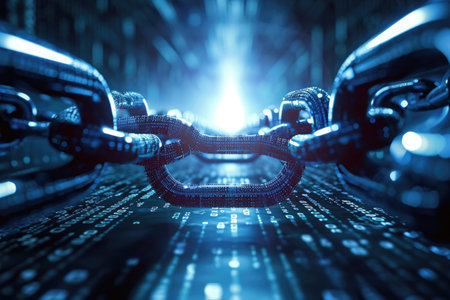 A bright light emanates from a massive metal chain in this intriguing photo, Chained blocks flowing through a silicon valley portraying blockchain technology, AI Generatedの素材
