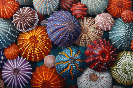 A captivating image showcasing a variety of colorful balls stylishly arranged in a vibrant and eye-catching display, Detailed painting of hand-dived sea urchins, AI Generatedの素材