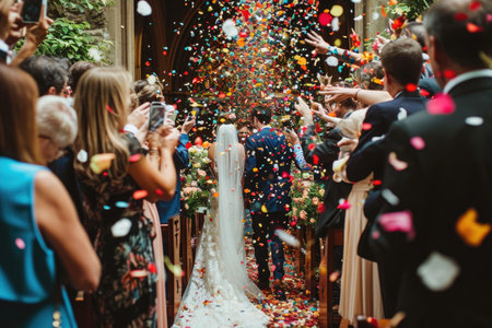 A bride and groom joyfully make their way down the aisle as colorful confetti is thrown around them, Confetti fluttering down a wedding aisle, AI Generatedの素材