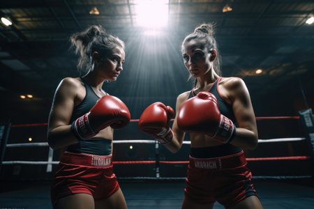 Witness a compelling display of strength and skill as two women engage in a fierce boxing match inside the ring, Young woman boxing training with her female sparring partner, AI Generatedの素材