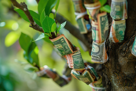 In this photo, a multitude of money bills is suspended from the branches of a tree, creating a unique spectacle, Currency bills growing on a tree depicting money growth, AI Generatedの素材