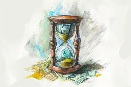 A precisely rendered drawing showcasing an intricate hourglass, filled with an abundance of money, A sketch of an hourglass with currencies flowing, AI Generatedの素材