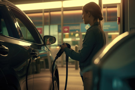 A woman fills her car with gas at a gas station, taking care of a routine aspect of automobile maintenance, woman plugging in cable while charging electric car at station, AI Generatedの素材