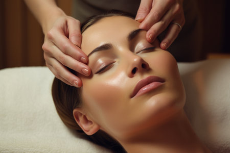 A woman enjoys a rejuvenating facial massage at a luxurious spa, woman receiving facial massage, AI Generatedの素材