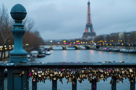 A bridge covered in a multitude of padlocks, representing the bonds of love and commitment, A love lock bridge over the river Seine with Eiffel Tower in the background, AI Generatedの素材
