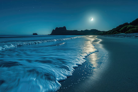 A calming scene of a beach at night, the moons soft light casting a serene glow on the tranquil waters, A moonlit beach with gentle waves lapping, AI Generatedの素材