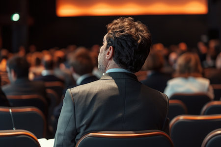 A professional businessman dressed in a suit sits attentively as he addresses a large crowd of people, Business people in a conference hall listening to a presentation, AI Generatedの素材