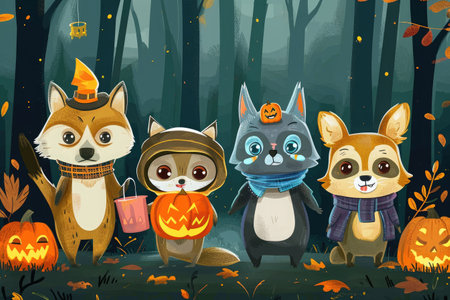 A diverse group of animals, including deer, rabbits, squirrels, and birds, standing next to each other in a dense forest, Friendly forest animals in Halloween costumes, AI Generatedの素材