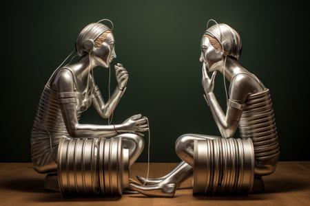 A serene scene showcasing two statues sitting on a wooden table, Two people talking through tin can telephones, AI Generatedの素材