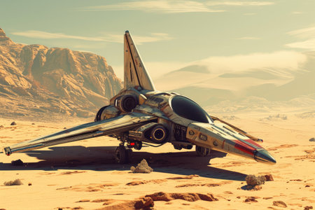 A state-of-the-art fighter jet rests on the arid landscape of the desert, Futuristic fighter aircraft in a desert landscape, AI Generatedの素材
