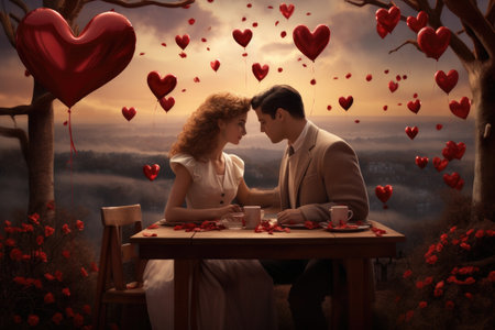 A couple sits together at a table, facing each other with a heart-shaped object between them, Two lovers on a date, Celebrating lovers, Valentine's day date, AI Generatedの素材