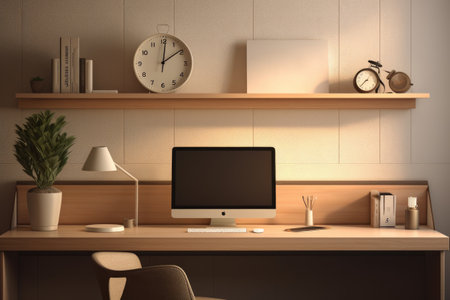 Desk With Computer and Clock, The modern home office interior features a computer, supplies, and decorations, providing a mock-up setting, AI Generatedの素材