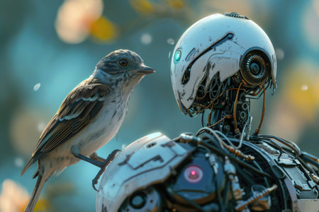 A robot looks intently at a bird sitting on top of its head, A bird perched on the shoulder of a robot, AI Generatedの素材