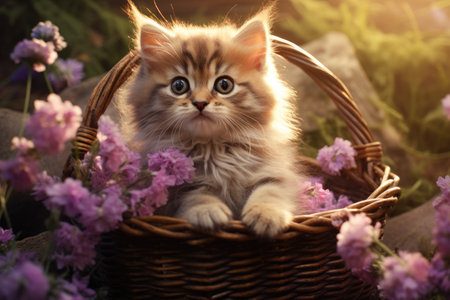 A cute kitten peacefully rests in a small basket amidst a vibrant display of purple flowers, Tiny adorable cat in a basket on the flowery ground, AI Generatedの素材