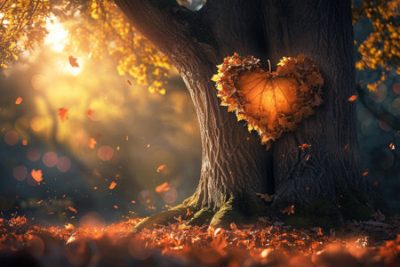 a heart shaped tree stands in the middle of a dense forest, capturing the viewers attention, A heart-shaped leaf falling from a giant oak tree, AI Generatedの素材