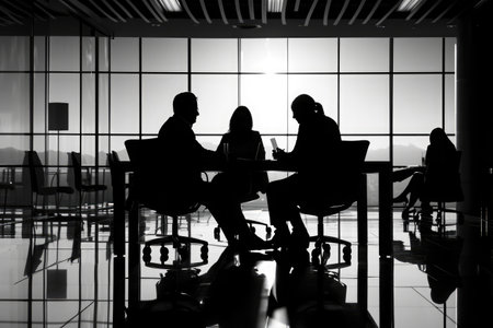 A couple of individuals are sitting at a table, enjoying the view from a spacious window, A monochrome silhouette of financial advisors at work, AI Generatedの素材