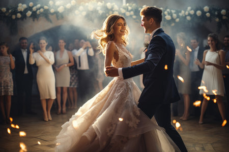 A joyful bride and groom share their first dance together in front of their cheering wedding guests, The bride and groom are dancing at the wedding, AI Generatedの素材