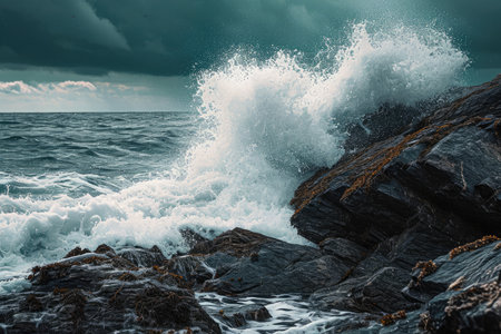 Powerful Wave Crashing Against Rocky Shore Under Dramatic Sky, Crashing waves against a rocky seashore, AI Generatedの素材