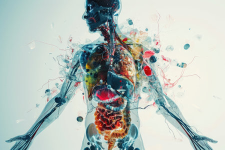 This digital image showcases a detailed representation of various organs within the human body, Different human body systems blended into one image, AI Generatedの素材