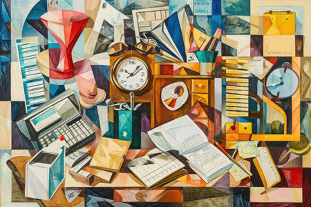 This painting showcases a desk setting with a clock and a laptop, perfectly illustrating a contemporary work environment, A cubist representation of a day in the life of an accountant, AI Generatedの素材