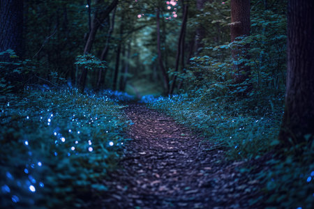 A captivating view of a tranquil path in the forest with radiant blue lights guiding the way through the darkness, A dark forest path lit by magical bioluminescent plants, AI Generatedの素材