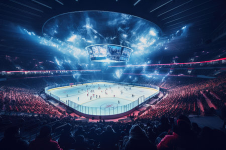 A vibrant hockey stadium filled with enthusiastic fans eagerly watching an exciting game unfold, stadium with fans crowd and an empty ice rink, AI Generatedの素材
