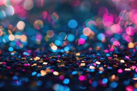 A stunning close-up photo capturing the vibrant colors and sparkling beauty of a glitter background, A close-up view of shiny confetti particles, AI Generatedの素材