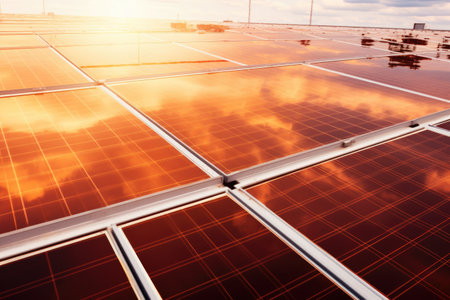 A solar panel harnessing the power of the sun to generate clean, renewable energy, Solar panel with reflection of the hot sun, Clean energy for sustainable power, AI Generatedの素材
