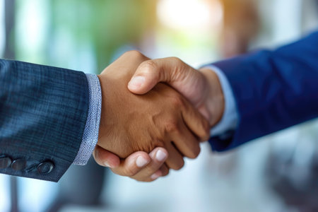 Close-Up of Two People Shaking Hands in a Business Meeting, Closeup of hands shaking over an accomplished business deal, AI Generatedの素材