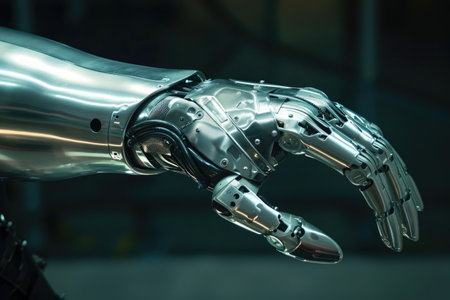 This photo showcases a detailed close up of a robots arm and hand, revealing the intricate mechanical joints and articulated fingers, Futuristic image of a prosthetic limb, AI Generatedの素材