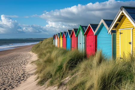 A row of vibrant beach huts adorns a picturesque sandy beach, creating a captivating seaside scene, A charming row of colorful beach huts along a sandy shoreline, AI Generatedの素材