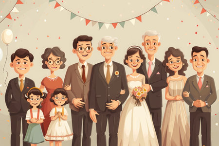 A diverse group of individuals standing side by side, posing for a group photograph, A happy couple celebrating their golden wedding anniversary surrounded by family and friends, AI Generatedの素材