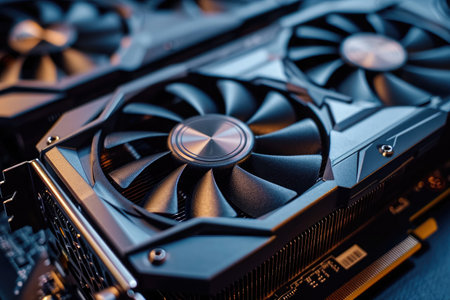 A detailed photo showcasing the intricate fan blades of a video card up close, A close-up view of a graphics card, AI Generatedの素材
