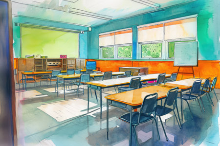 A detailed drawing of a classroom showing neatly arranged desks and chairs placed in rows, Colorful drawing of a silent, empty kindergarten classroom, AI Generatedの素材