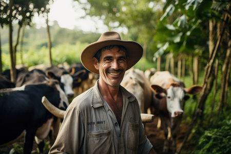 A man stands calmly in front of a group of cows in a sunlit pasture, smiling farmer working on the farm with cows, AI Generatedの素材