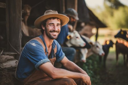 A man wearing a cowboy hat sits in front of a group of cows in a rural setting, smiling farmer working on the farm with cows, AI Generatedの素材