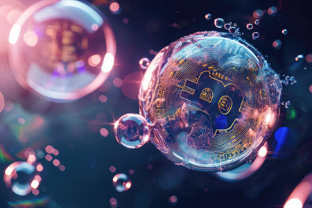 A bitcoin defying gravity as it hovers mid-air, enveloped by a whimsical ensemble of bubbles, A bursting crypto trading bubble concept, AI Generatedの素材