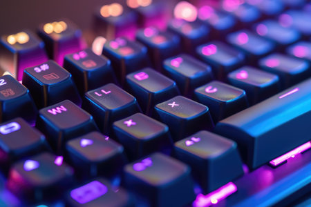 This photo captures a detailed view of a keyboard, brightly lit with a purple light, adding a vibrant touch to the composition, Close-up of keys on a mechanical keyboard, AI Generatedの素材