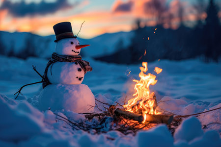 A snowman enjoys the warmth of a fire as snow falls all around, A friendly-faced snowman sitting by a roaring campfire in the twilight, AI Generatedの素材