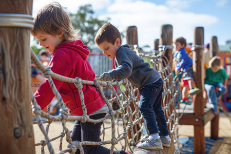 Two children having fun and playing on a sturdy rope bridge suspended between trees at a local park, Children engaged in imaginative play in a playground, AI Generatedの素材