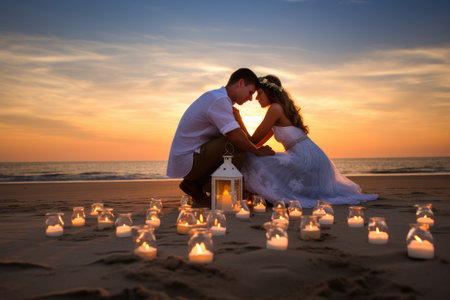 A happy bride and groom sitting on a picturesque beach surrounded by glowing candles in the sand, Romantic sand ceremony during a beach wedding, AI Generatedの素材