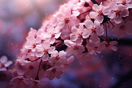 This image showcases a detailed close-up view of pink flowers blooming on a branch, Sakura, Cherry blossom, Spring flowers, Floral background, AI Generatedの素材