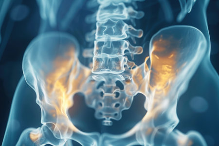 An X-ray image capturing the skeletal structure of a human, highlighting the bones of the torso and limbs in detail, Film showing 3D human abdominal x-ray, AI Generatedの素材