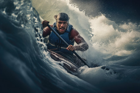 A man confidently rides atop a powerful wave in his kayak, skillfully navigating the tumultuous waters, Rower battling the waves during a challenging race, AI Generatedの素材