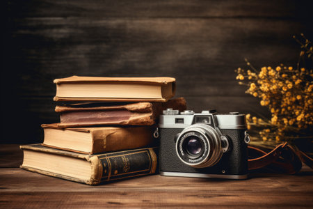 A camera sits beside a stack of books, ready to capture the wisdom contained within their pages, Retro photo camera with books on a wooden background, retro-toned, AI Generatedの素材
