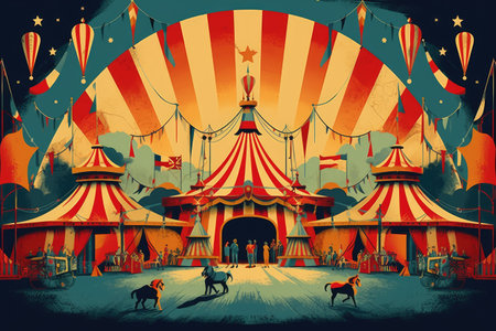 A vibrant painting capturing the lively scene of a circus with horses and people performing under a big top tent, Retro-style poster for a vintage circus carnival, AI Generatedの素材