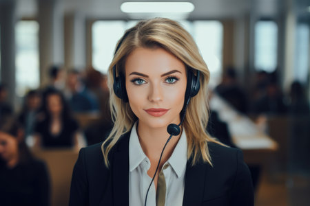 Female Call Center Agent Wearing Headset Handling Customer Service Calls, Portrait of a woman working in customer service at a call center, AI Generatedの素材