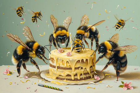 A group of bees gathers on the icing of a cake at an outdoor summer picnic, Charming drawn bumblebees celebrating a buzzing birthday, AI Generatedの素材