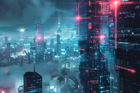 A high-tech metropolis illuminated by neon lights creates a futuristic ambiance in the darkness of the night, Futuristic city with all buildings protected by cyber security, AI Generatedの素材