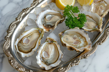A close-up shot of a platter filled with fresh oysters arranged with lemon wedges and garnished with parsley, Fresh oysters on ice in a silver tray, AI Generatedの素材